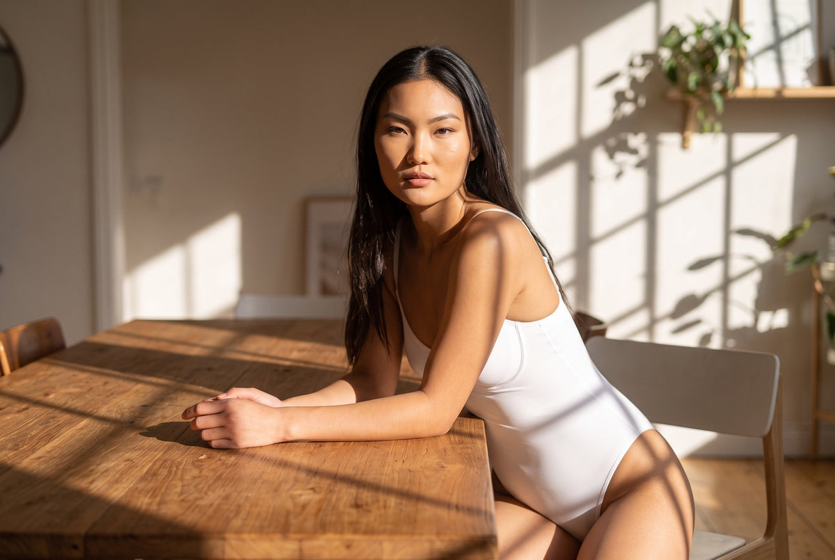 A woman with long black hair sits at a wooden table in a sunlit room, wearing a white bodysuit. Strong sunlight casts shadows across the table and wall, with plants visible in the background.